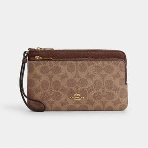 Coach Tan and Brown Signature Double Zip Wristlet